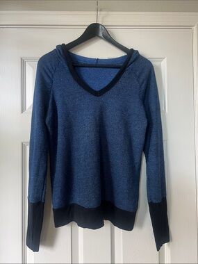 Blue V-Neck Hooded Knit Sweater